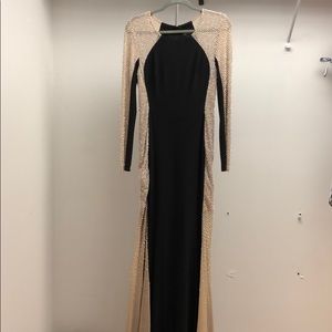 XScape Black & Tan Jeweled Long Sleeve Dress